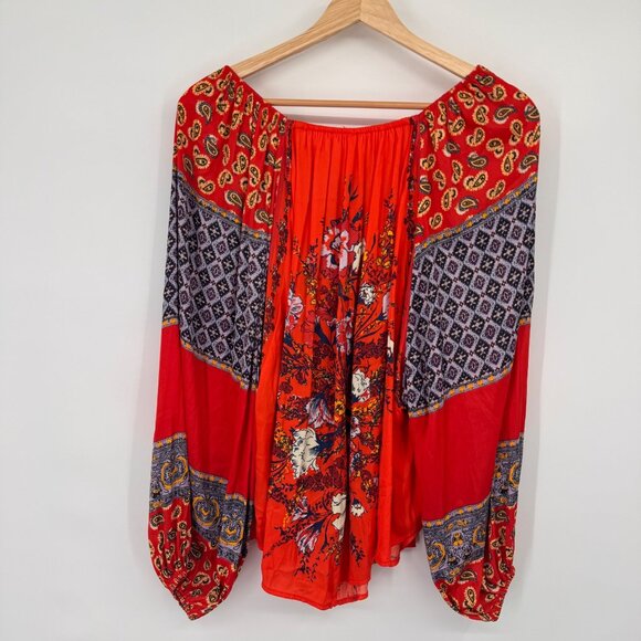 Free People  Positano Orange Patchwork Print Blouse size extra small oversized - Picture 13 of 14